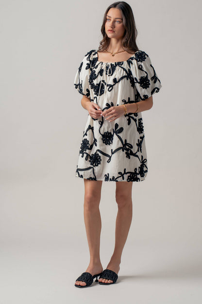 Floral Embroidery Off-Shoulder Puff Sleeve Mini Dres
