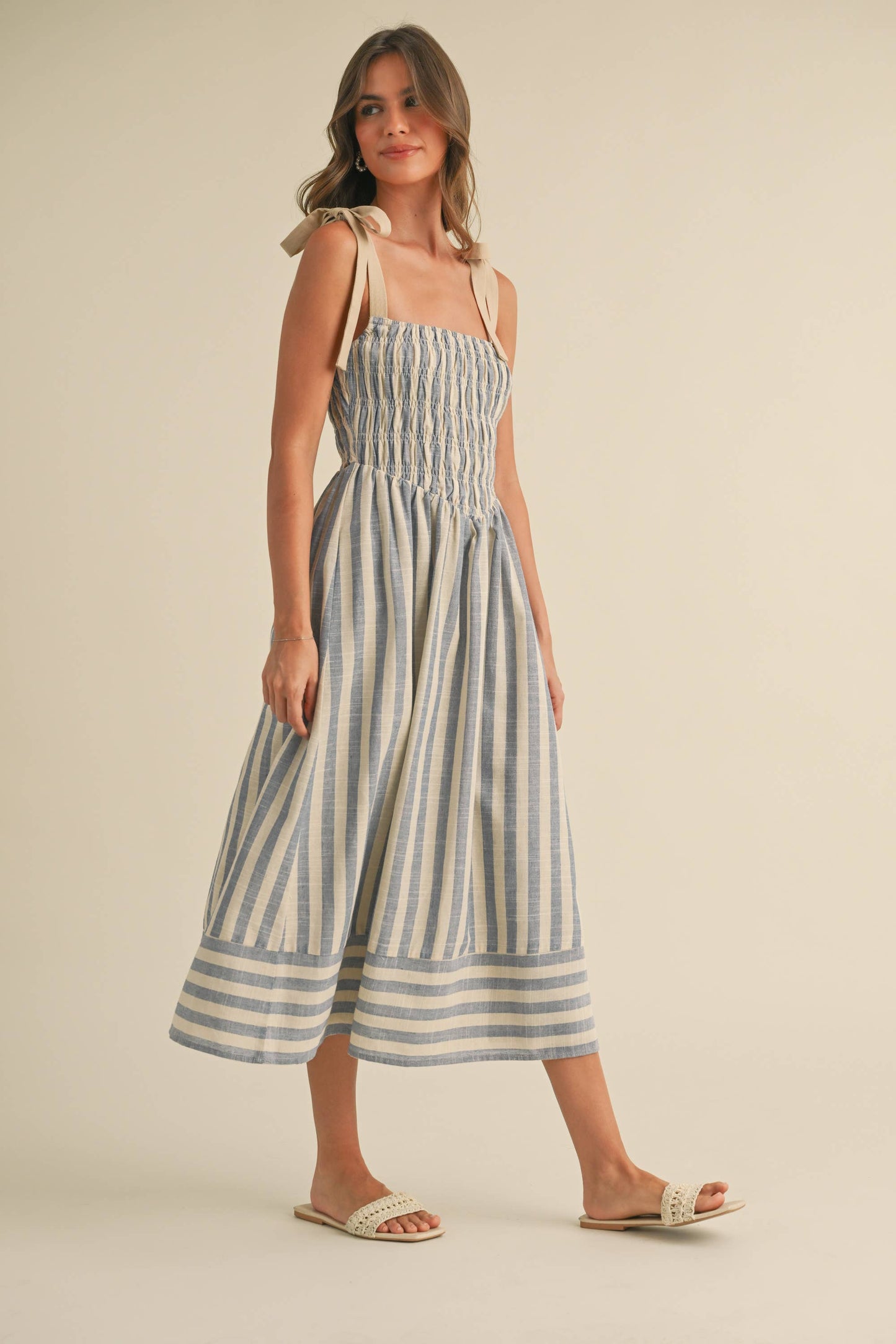 STRIPED CHEVRON WAIST SMOCKED TOP TIE STRAP MIDI
