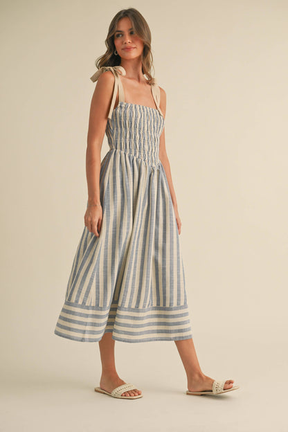 STRIPED CHEVRON WAIST SMOCKED TOP TIE STRAP MIDI