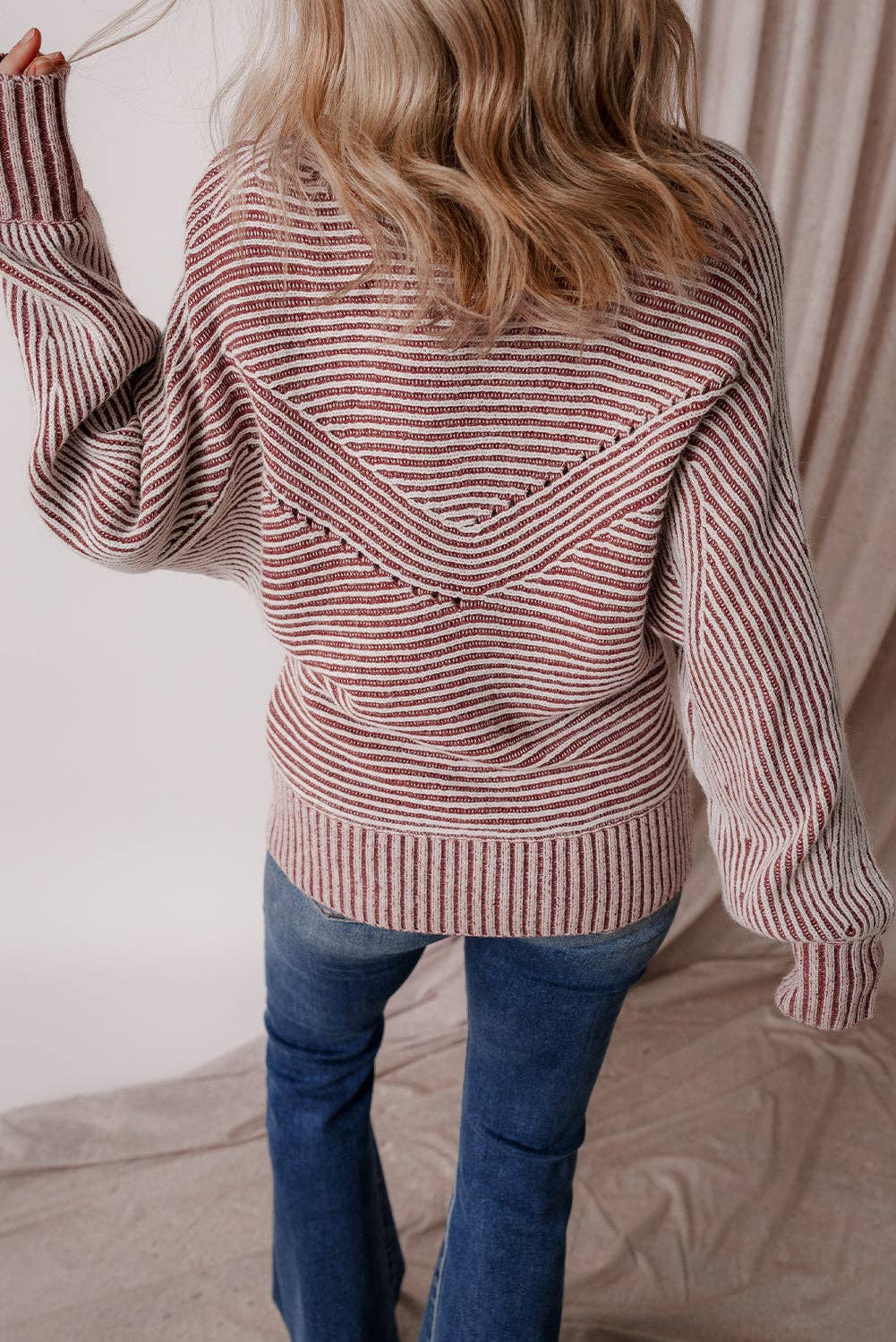 Dahlia Striped Print Ribbed Knit Boat Neck Baggy Sweater