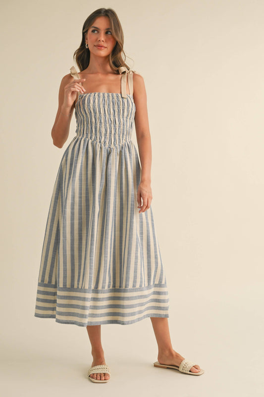 STRIPED CHEVRON WAIST SMOCKED TOP TIE STRAP MIDI