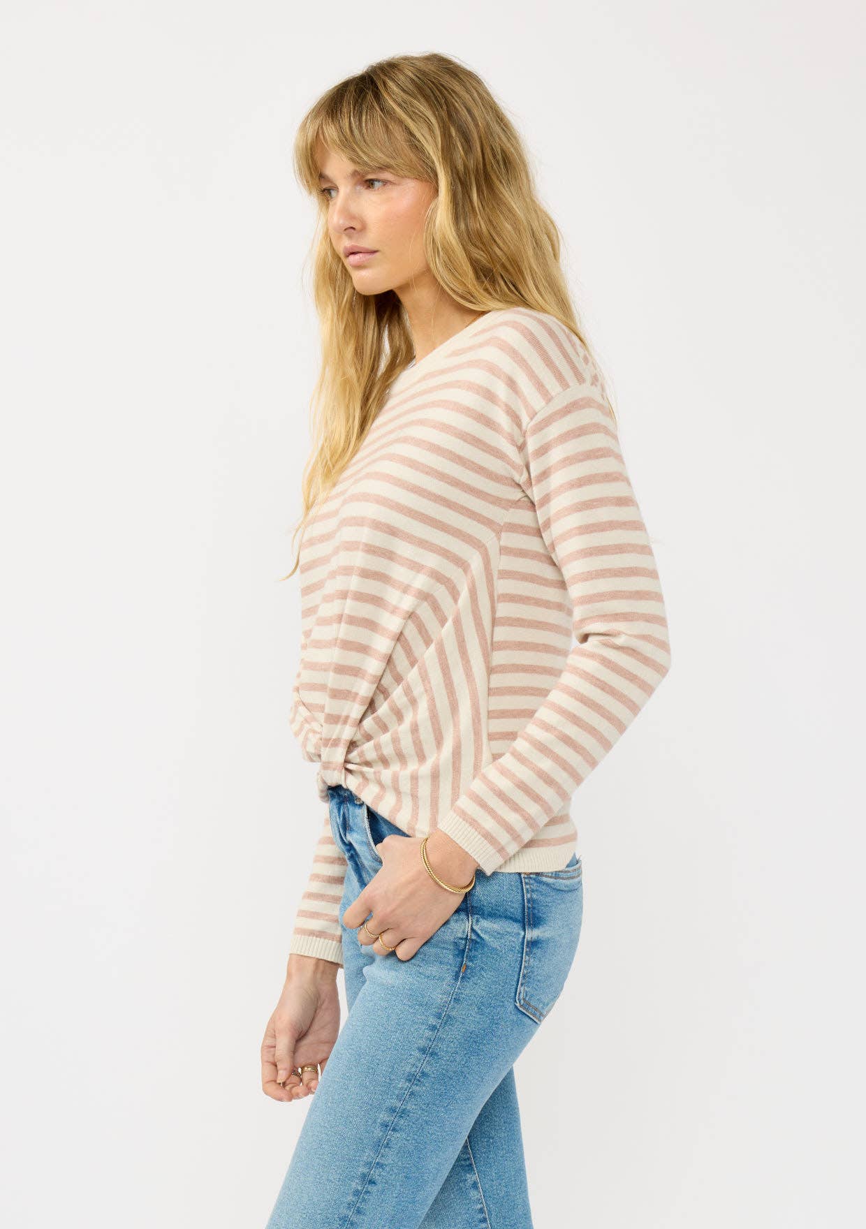 Horizontal Stripe Front Knot Pullover Sweater