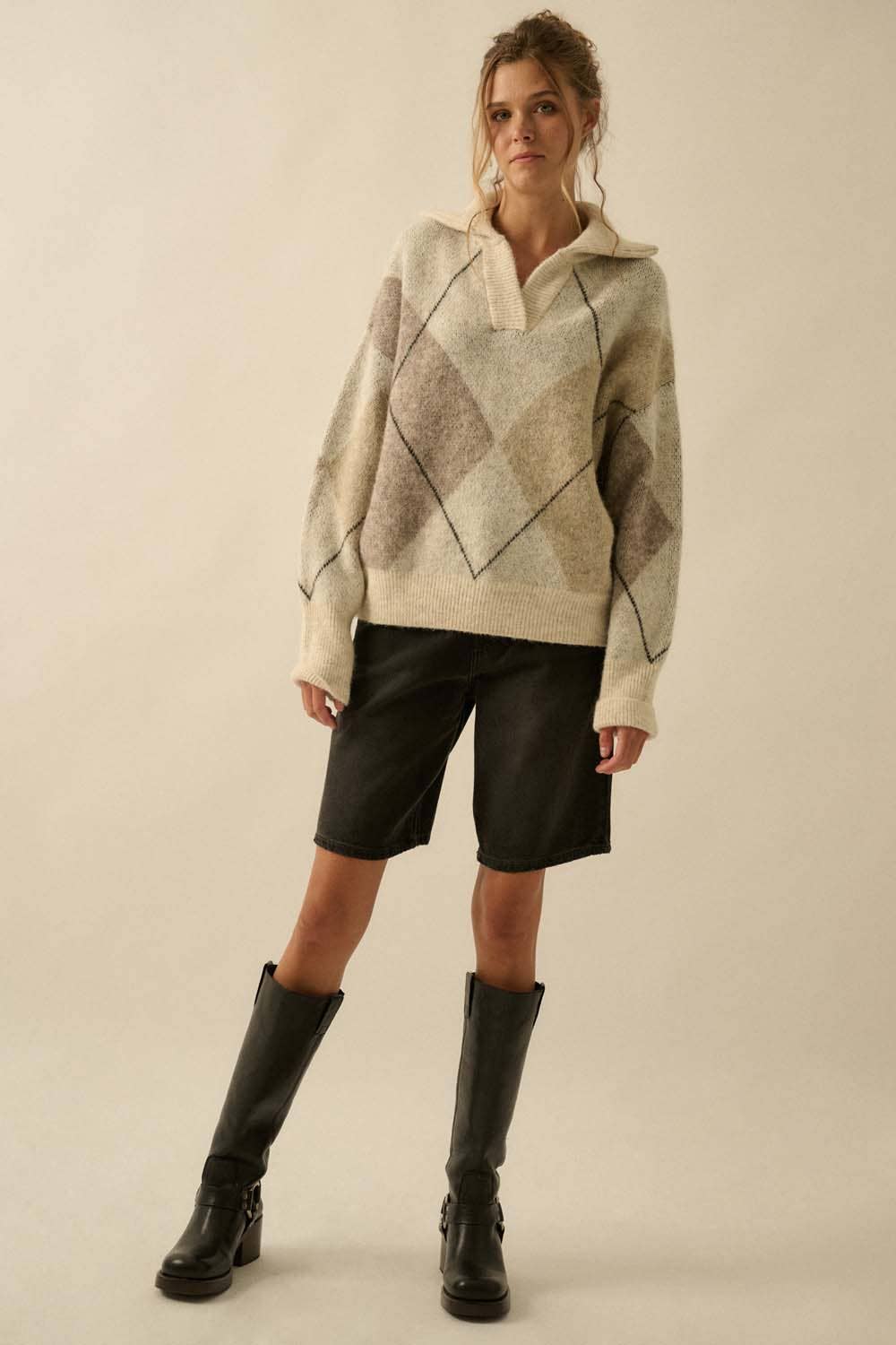 Argyle Plaid Knit Split-Neck Collared Sweater