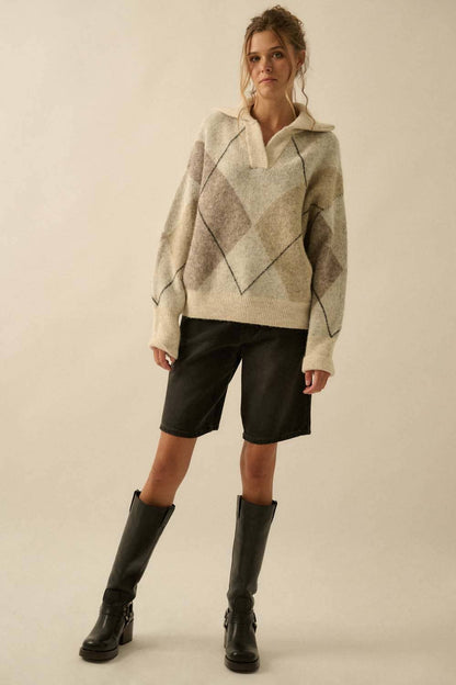 Argyle Plaid Knit Split-Neck Collared Sweater