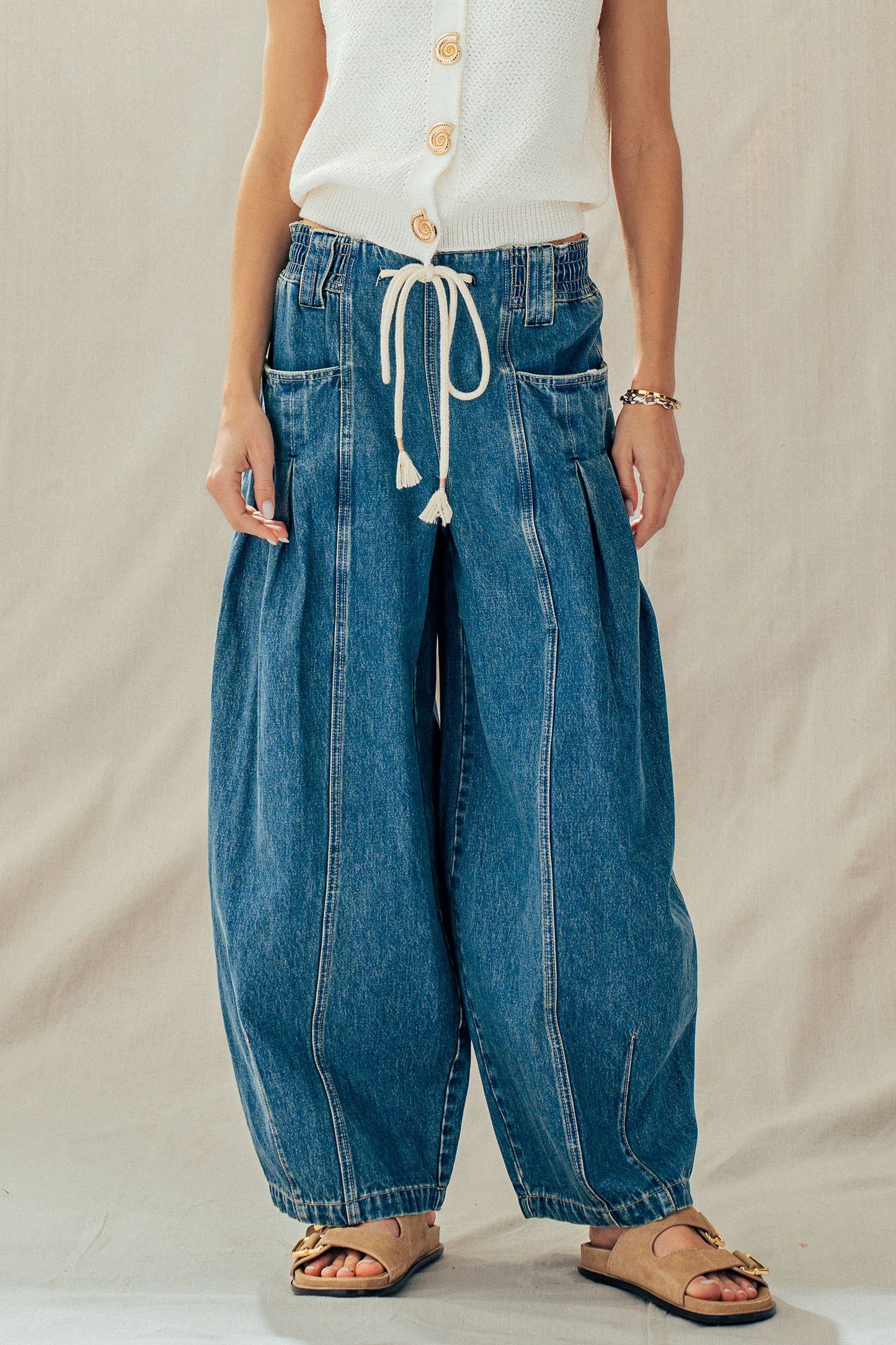 Rope Drawstring Balloon Pants Pleated Front