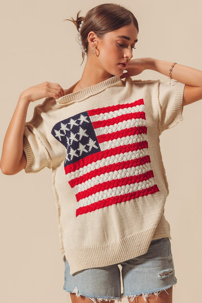 Crew Neck American Flag 4th Of July Sweater