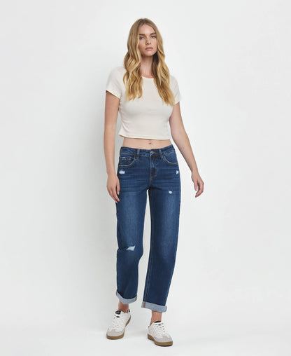 MID RISE DOUBLE CUFFED HEM BARREL LEG JEANS LV1490