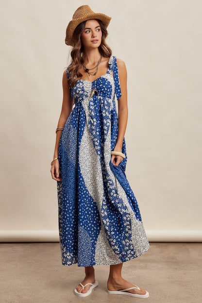 Patchwork Tie Strap Cotton Maxi Dress LD1625
