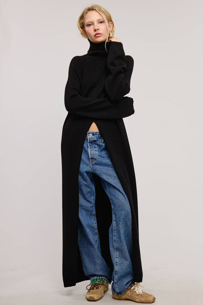 SEAM DETAIL TURTLENECK TUNIC SWEATER DRESS WITH SLIT