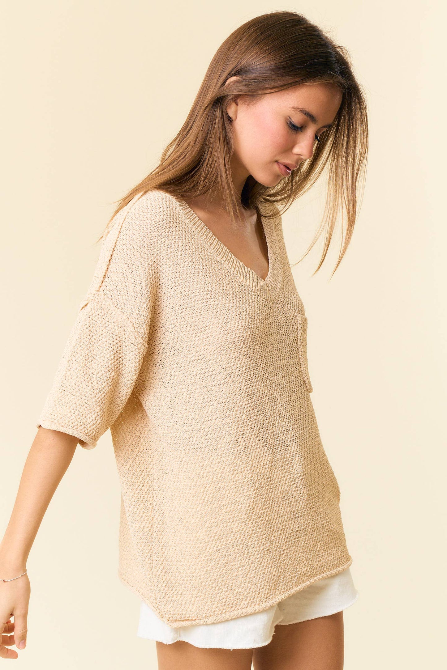 V-Neck Dropped Short Sleeve Exposed Seam Sweater - 44339T