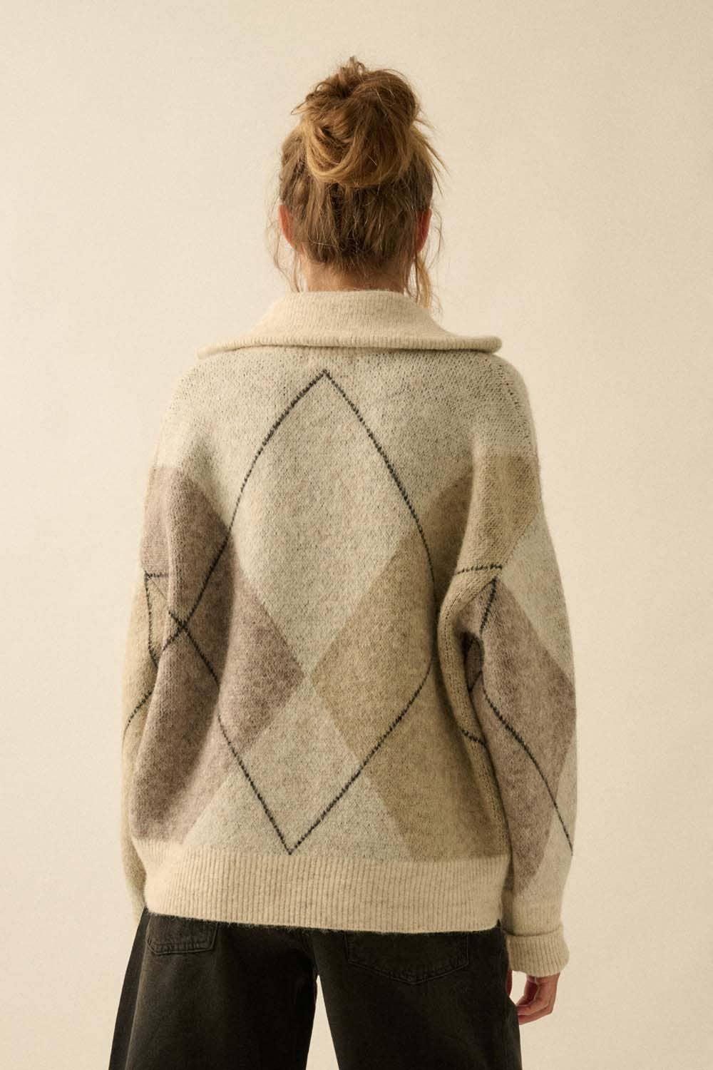 Argyle Plaid Knit Split-Neck Collared Sweater