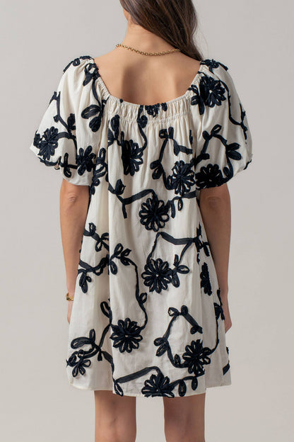 Floral Embroidery Off-Shoulder Puff Sleeve Mini Dres
