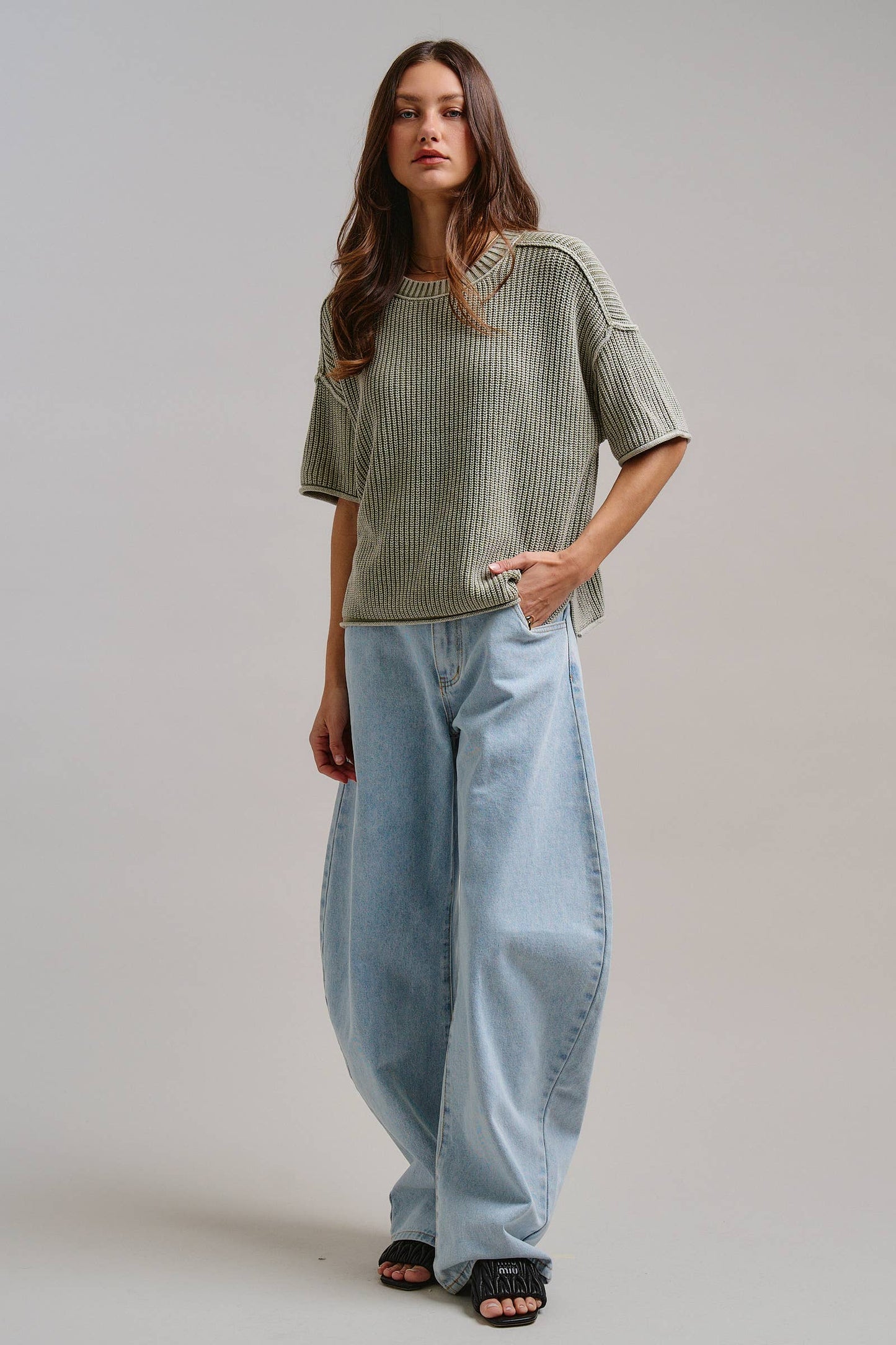 Mineral Wash Exposed Seam Short Sleeve Sweater