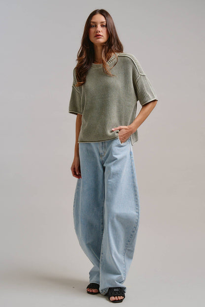 Mineral Wash Exposed Seam Short Sleeve Sweater
