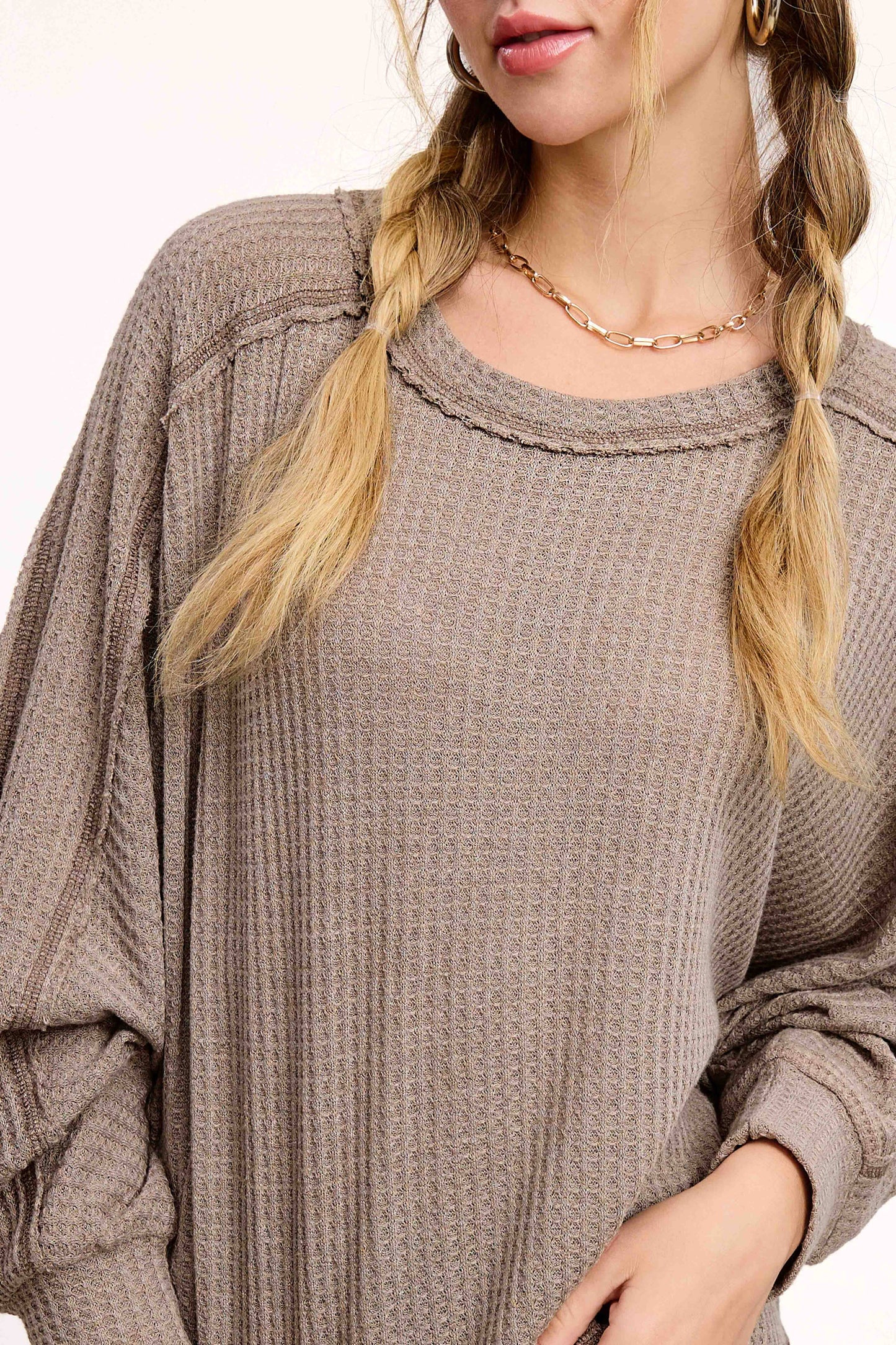 HAT7565-Brushed Waffle Fabric Loose Fit Long Sleeve Top
