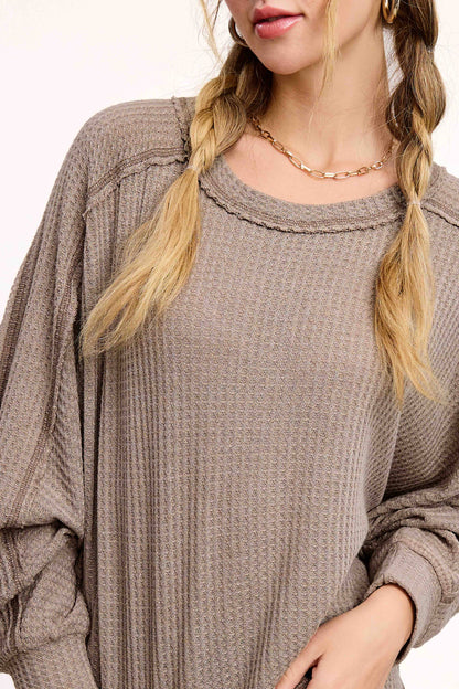 HAT7565-Brushed Waffle Fabric Loose Fit Long Sleeve Top