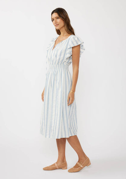 Ruffle Sleeve Split-Neck Smocked Waist Midi Dress