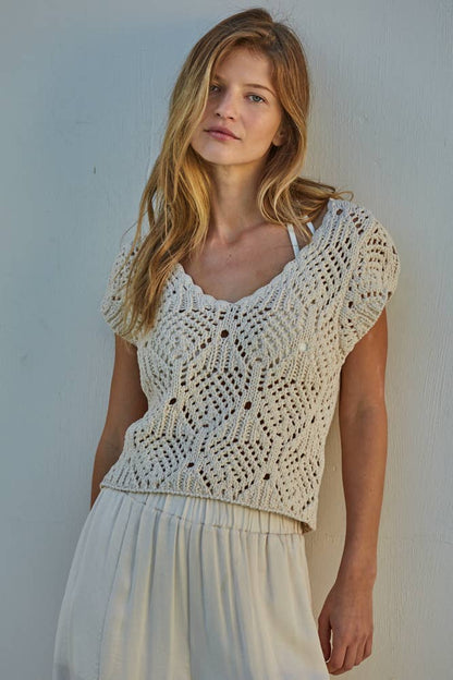 W2030 | Knit Sweater Cotton Crochet V-Neck Cap Sleeve Top