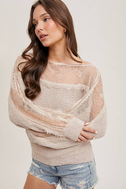 BOAT NECK LACE TRIMMED KNIT SWEATER PULLOVER