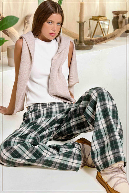 JDP4236-Plaid Flannel Wide-Leg Lounge Checkered Pants