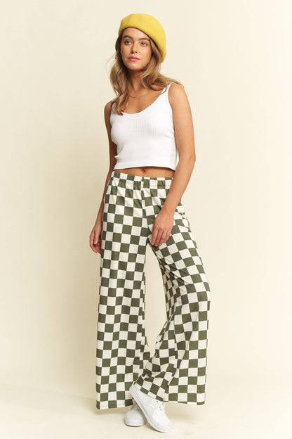 HIGH WAIST CHECKERED STRAIGHT LEG KNIT PANTS