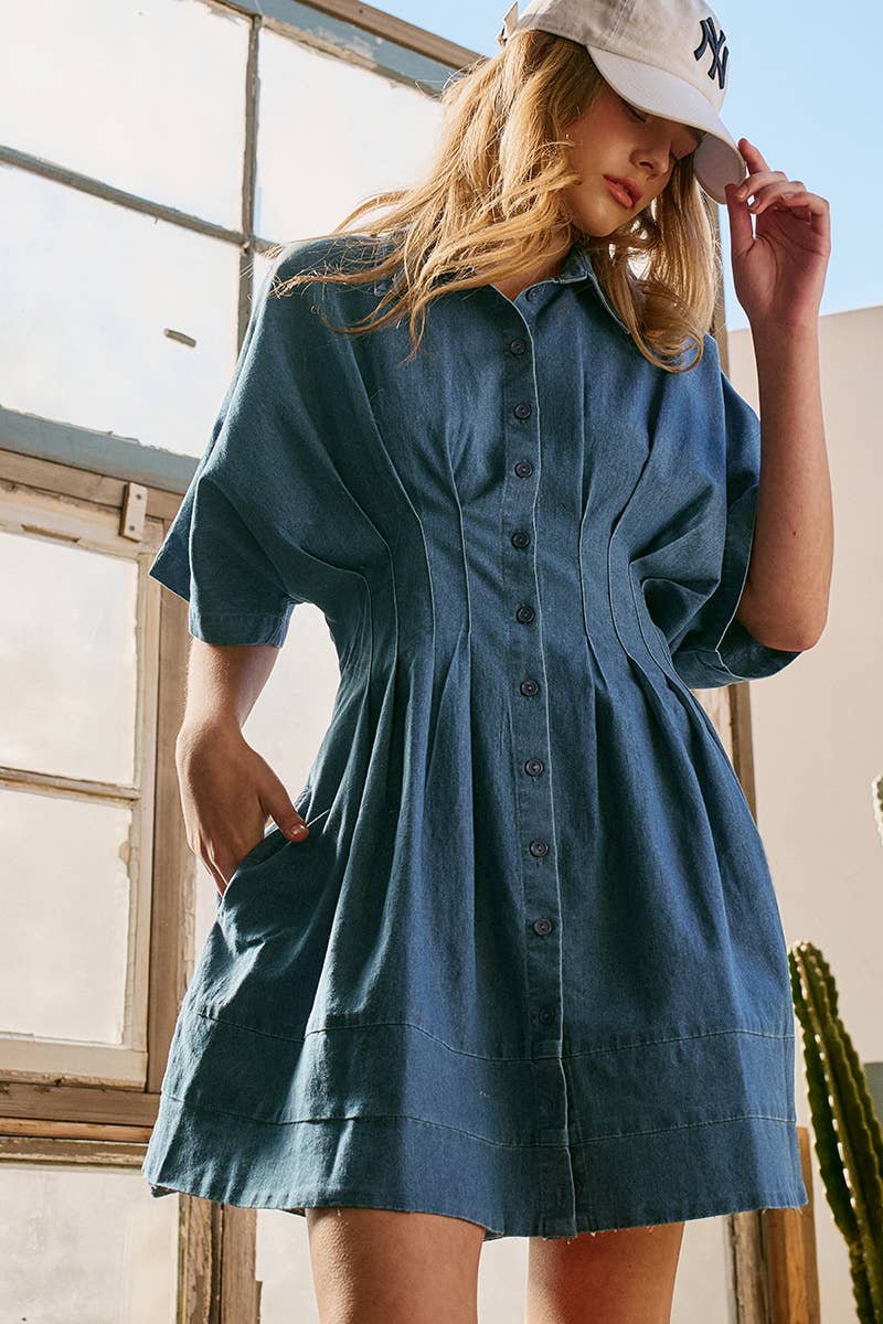 Tailored Waist Short Sleeve Denim Shirtdress
