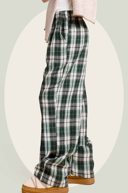 JDP4236-Plaid Flannel Wide-Leg Lounge Checkered Pants