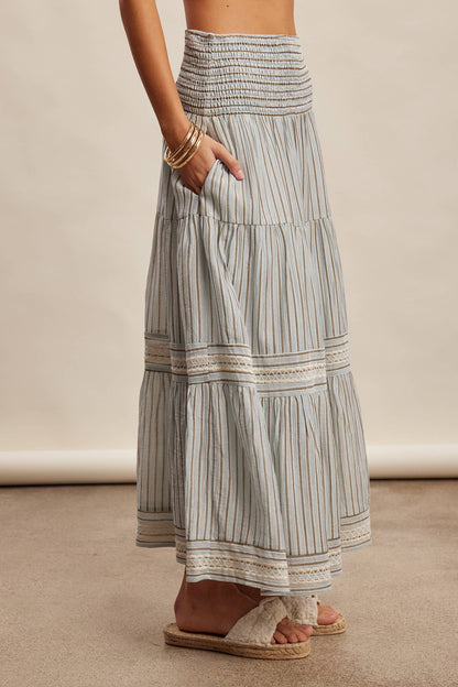 Striped Smocked Maxi Skirt with Embroidery Accents