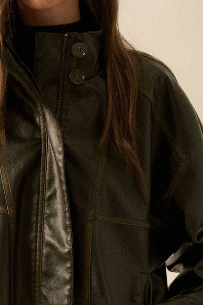 Faux Leather Piping-Trimmed Zip-Up Jacket