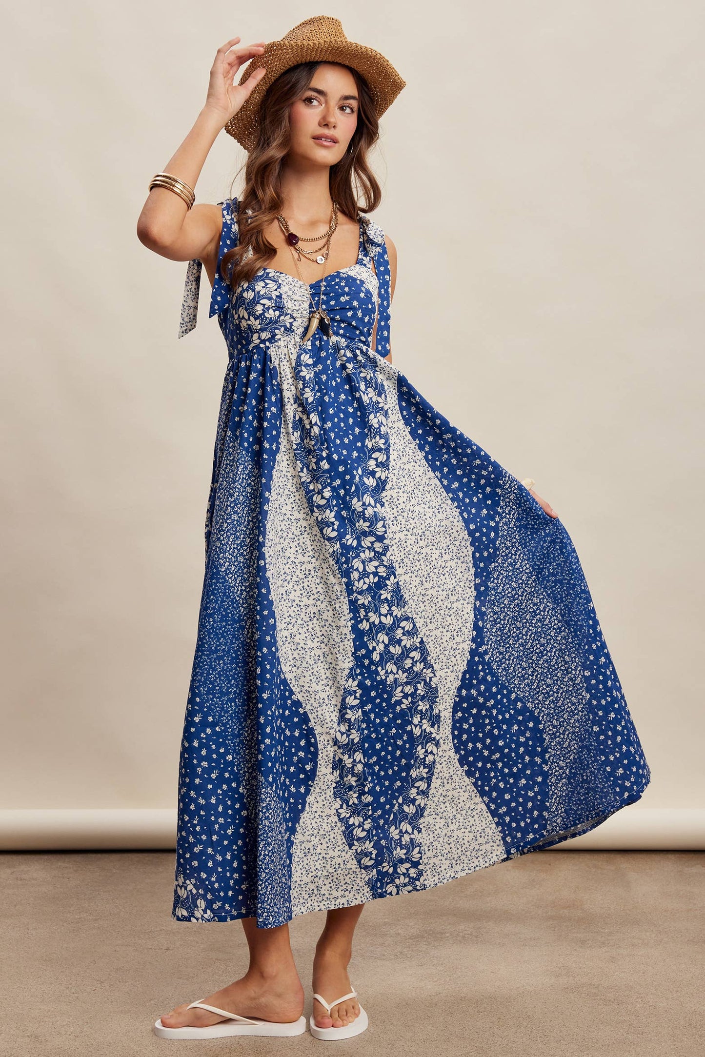 Patchwork Tie Strap Cotton Maxi Dress LD1625