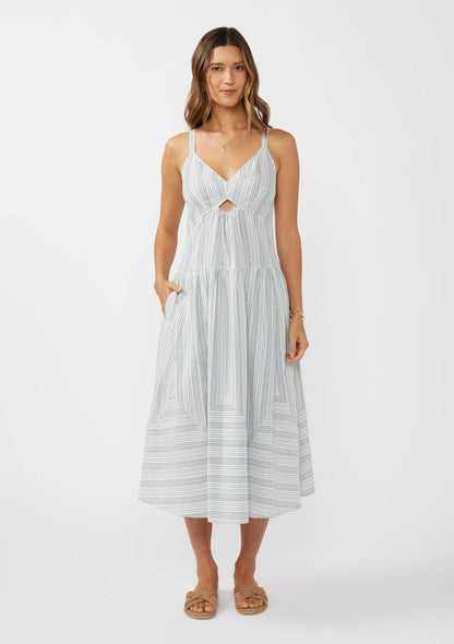 Striped V-Neck Midi Dress with Cutouts and Pockets