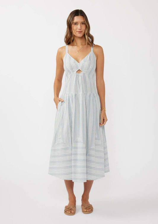Striped V-Neck Midi Dress with Cutouts and Pockets