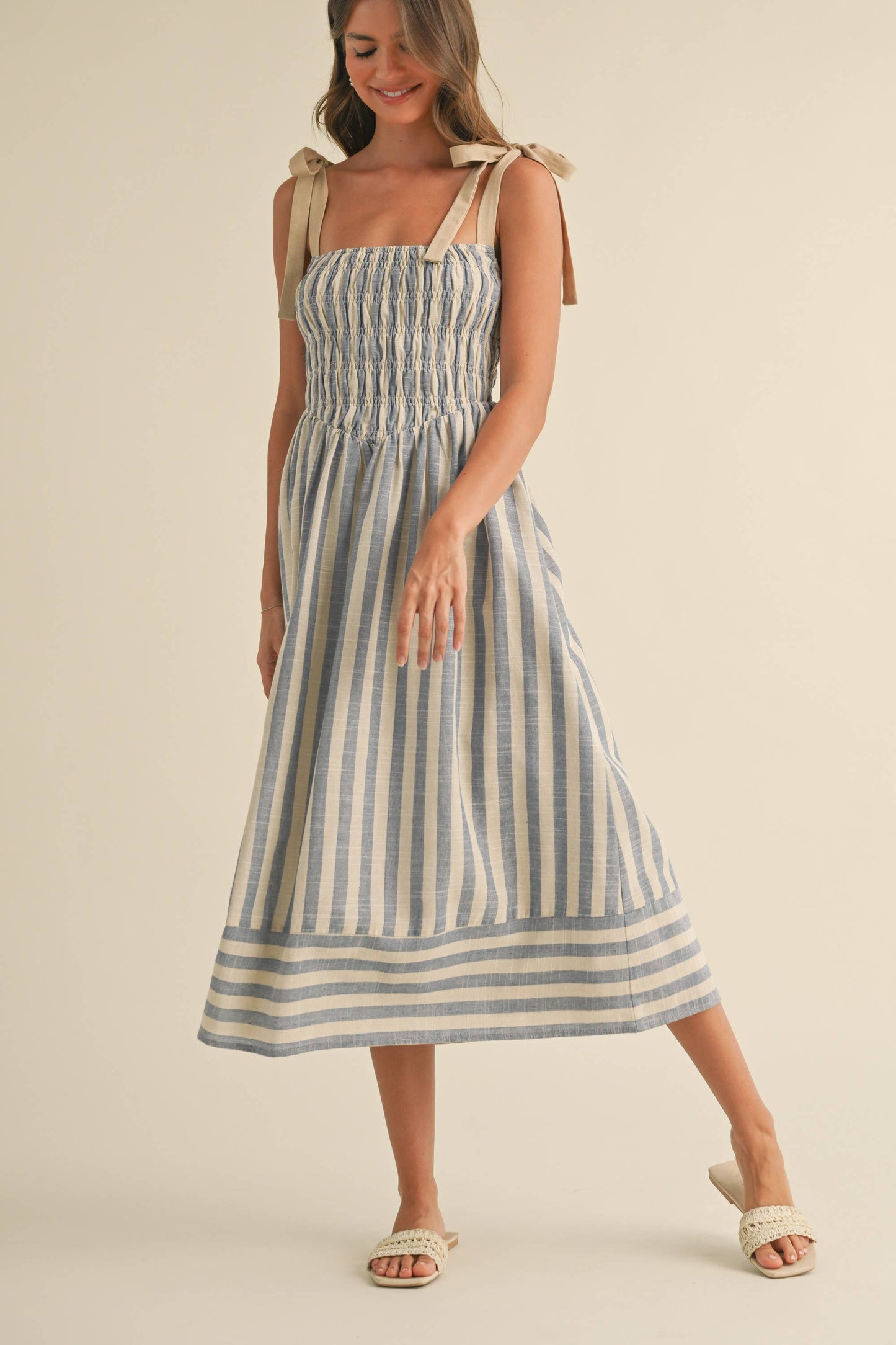 STRIPED CHEVRON WAIST SMOCKED TOP TIE STRAP MIDI
