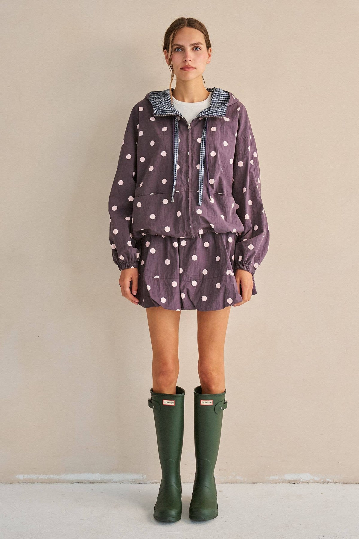 POLKA DOT DRAWSTRING HOODED JACKET