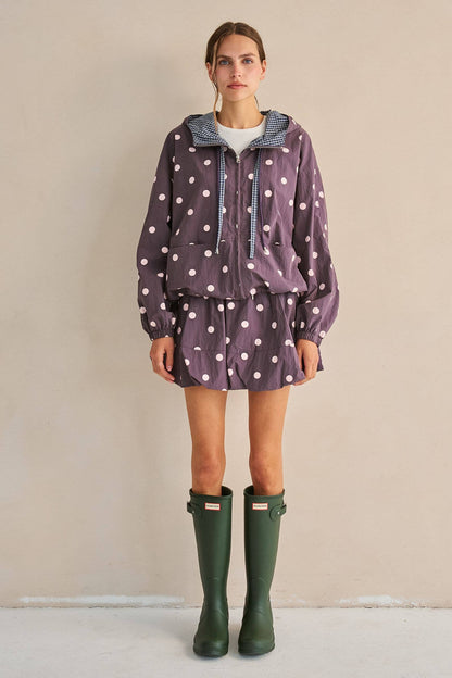 POLKA DOT DRAWSTRING HOODED JACKET