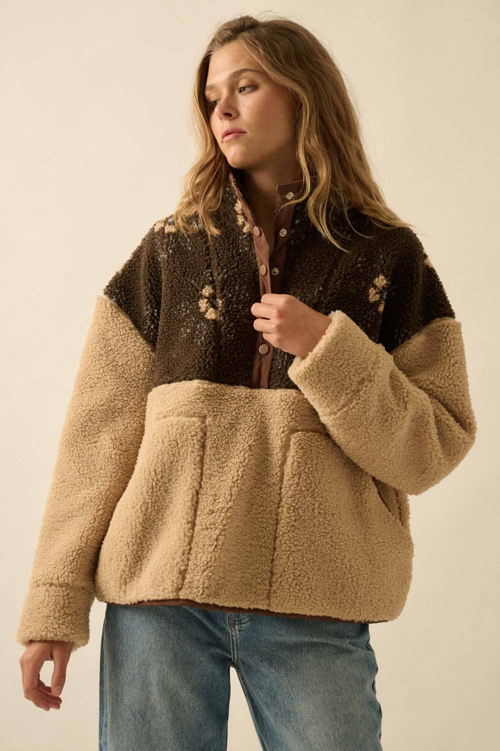 Colorblock Sherpa Fleece Half-Snap Pullover Jacket