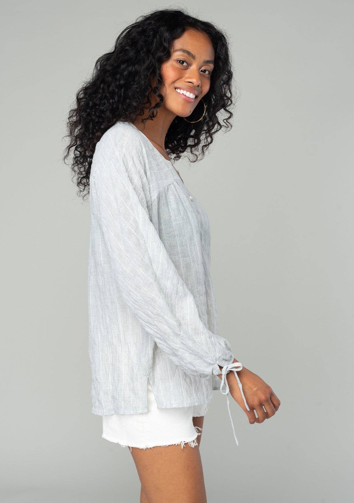Striped 3/4 Sleeve Curved Yoke Split Neck Top