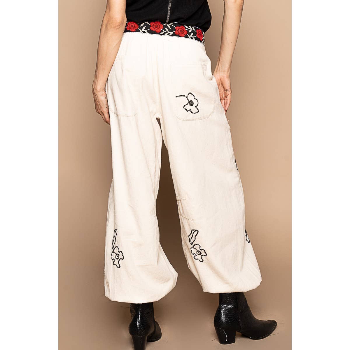 Floral embroidered pattern solid twill pants
