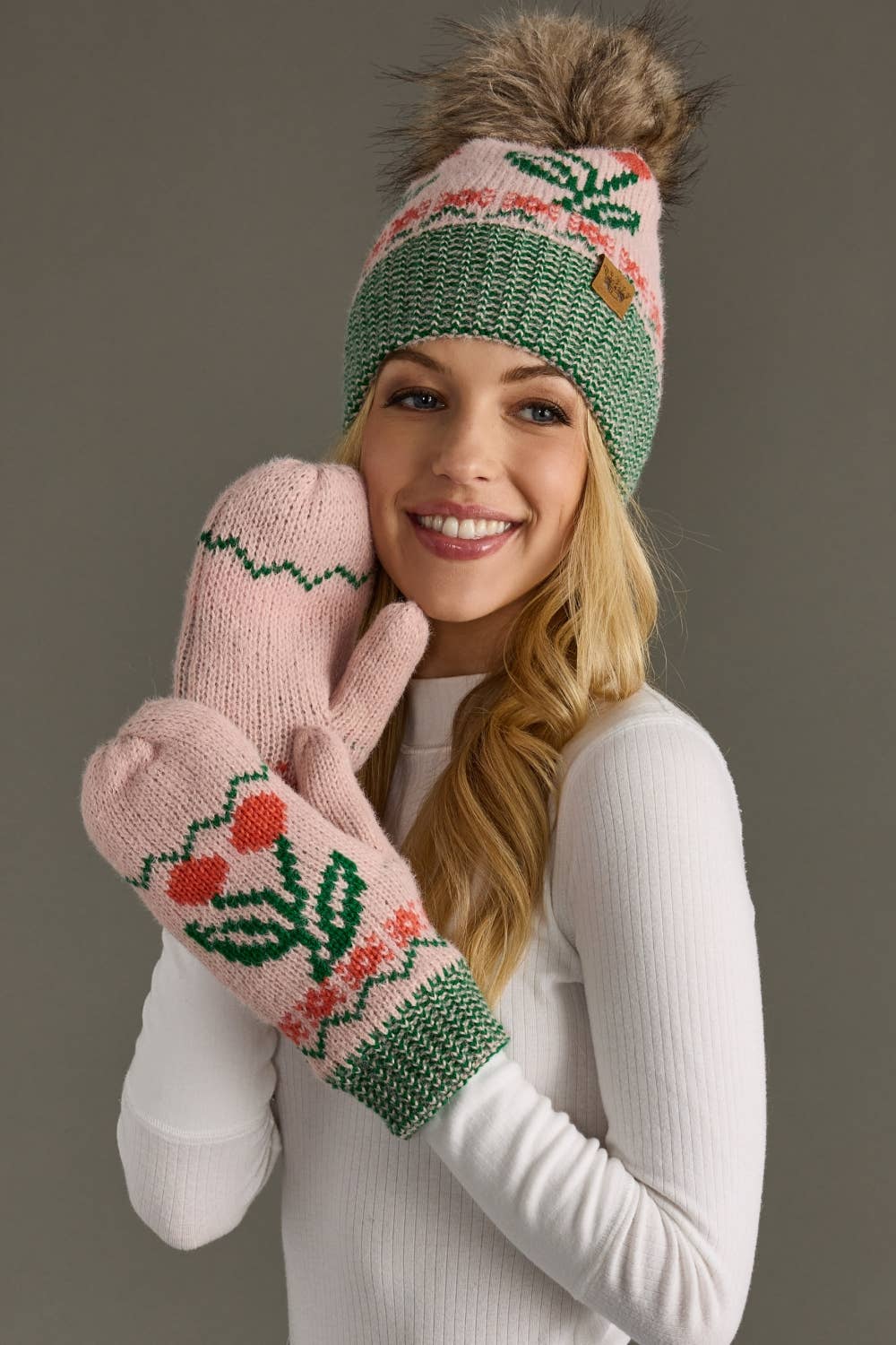 Lt. Pink Cherry Pattern Pom Hat