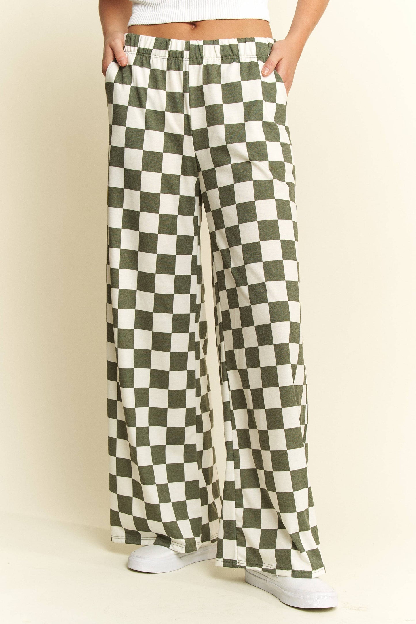 HIGH WAIST CHECKERED STRAIGHT LEG KNIT PANTS