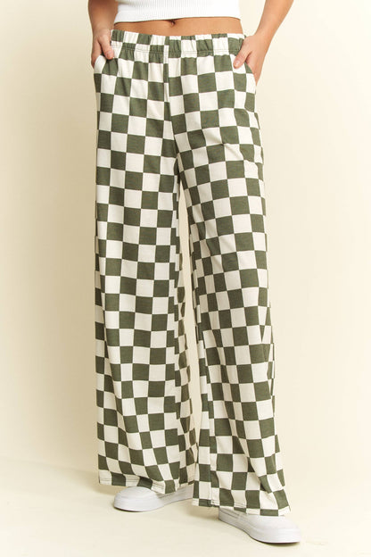 HIGH WAIST CHECKERED STRAIGHT LEG KNIT PANTS