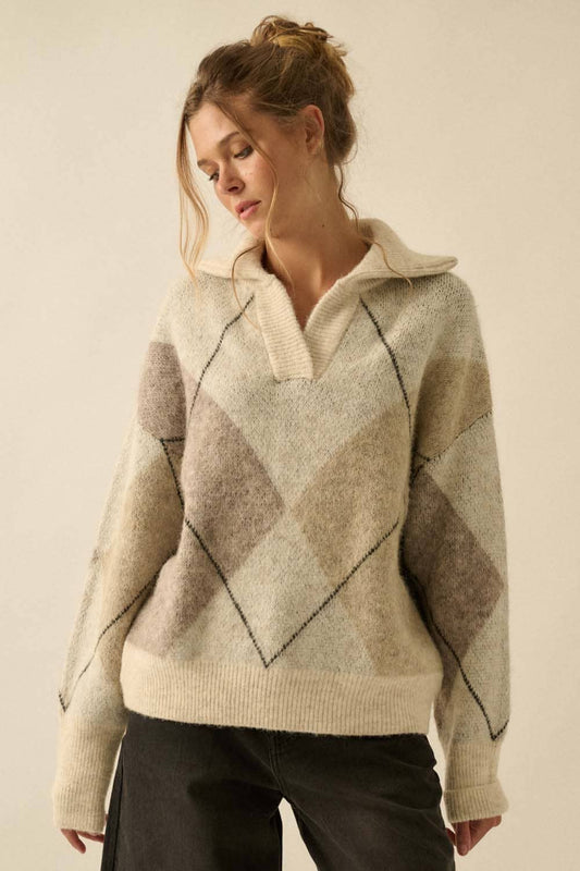 Argyle Plaid Knit Split-Neck Collared Sweater
