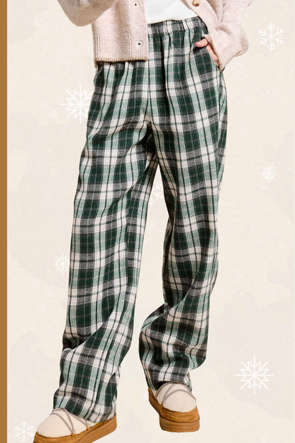 JDP4236-Plaid Flannel Wide-Leg Lounge Checkered Pants