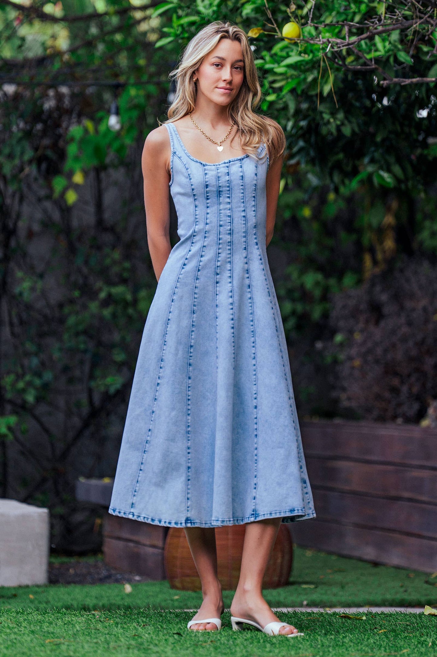 Panelled Denim Midi Dress Exposed Back Zipper