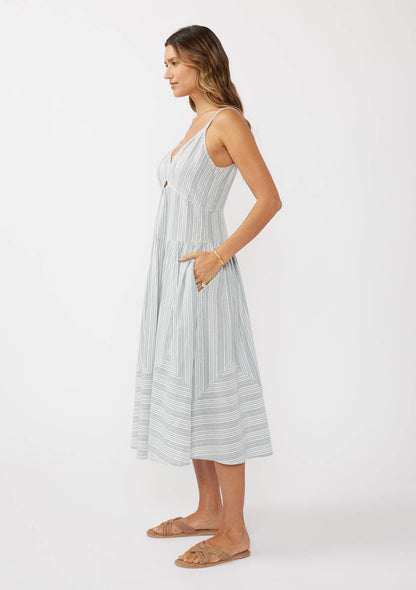 Striped V-Neck Midi Dress with Cutouts and Pockets