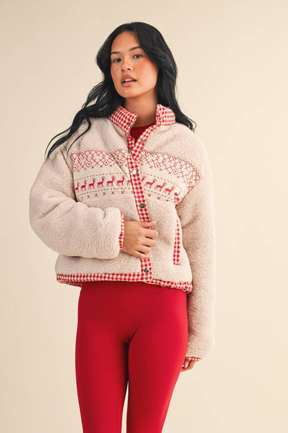 Cozy Sherpa Jacket with Gingham Lining and Holiday Trim