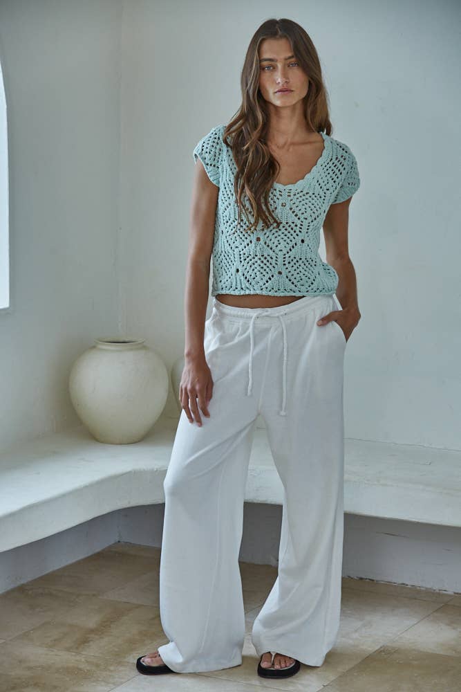 W2030 | Knit Sweater Cotton Crochet V-Neck Cap Sleeve Top