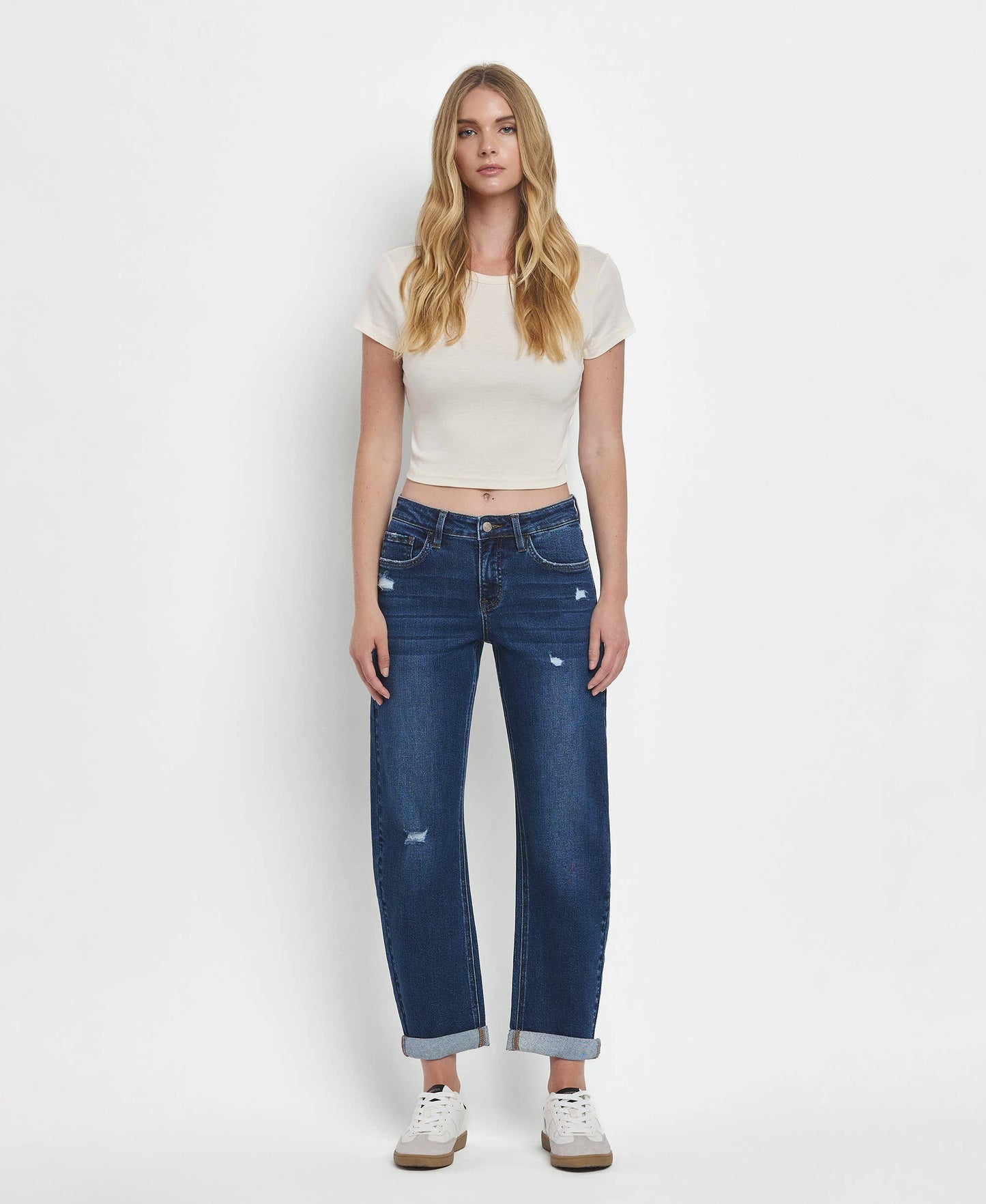 MID RISE DOUBLE CUFFED HEM BARREL LEG JEANS LV1490
