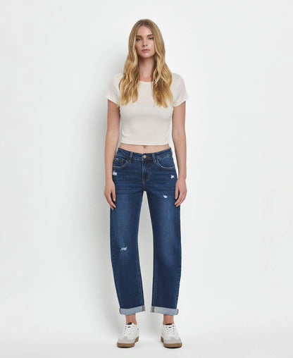 MID RISE DOUBLE CUFFED HEM BARREL LEG JEANS LV1490