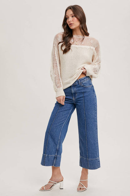 BOAT NECK LACE TRIMMED KNIT SWEATER PULLOVER